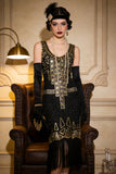 Vintage zwart gouden pailletten flapper Great Gatsby feestjurk uit de jaren 1920