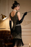 Vintage zwart gouden pailletten flapper Great Gatsby feestjurk uit de jaren 1920