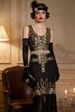 Vintage zwart gouden pailletten flapper Great Gatsby feestjurk uit de jaren 1920