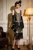 Vintage zwart gouden pailletten flapper Great Gatsby feestjurk uit de jaren 1920