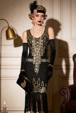 Vintage zwart gouden pailletten flapper Great Gatsby feestjurk uit de jaren 1920