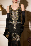 Vintage zwart gouden pailletten flapper Great Gatsby feestjurk uit de jaren 1920