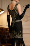 Vintage zwart gouden pailletten flapper Great Gatsby feestjurk uit de jaren 1920