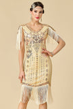 Glinsterende bodycon V-hals pailletten met franjes en schoudermouwen jurk uit de jaren 1920