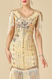 Glinsterende bodycon V-hals pailletten met franjes en schoudermouwen jurk uit de jaren 1920