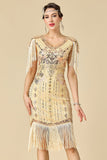 Glinsterende bodycon V-hals pailletten met franjes en schoudermouwen jurk uit de jaren 1920