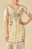 Glinsterende bodycon V-hals pailletten met franjes en schoudermouwen jurk uit de jaren 1920
