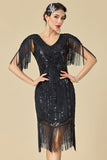 Glinsterende bodycon V-hals pailletten met franjes en schoudermouwen jurk uit de jaren 1920