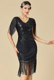 Glinsterende bodycon V-hals pailletten met franjes en schoudermouwen jurk uit de jaren 1920