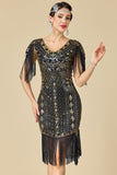 Glinsterende bodycon V-hals pailletten met franjes en schoudermouwen jurk uit de jaren 1920