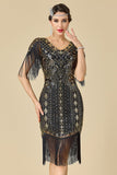 Glinsterende bodycon V-hals pailletten met franjes en schoudermouwen jurk uit de jaren 1920