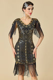 Glinsterende bodycon V-hals pailletten met franjes en schoudermouwen jurk uit de jaren 1920