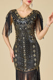 Glinsterende bodycon V-hals pailletten met franjes en schoudermouwen jurk uit de jaren 1920
