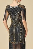 Glinsterende bodycon V-hals pailletten met franjes en schoudermouwen jurk uit de jaren 1920