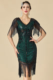 Glinsterende bodycon V-hals pailletten met franjes en schoudermouwen jurk uit de jaren 1920