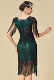 Glinsterende bodycon V-hals pailletten met franjes en schoudermouwen jurk uit de jaren 1920
