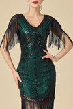 Glinsterende bodycon V-hals pailletten met franjes en schoudermouwen jurk uit de jaren 1920