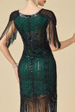 Glinsterende bodycon V-hals pailletten met franjes en schoudermouwen jurk uit de jaren 1920