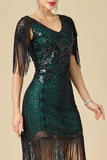 Glinsterende bodycon V-hals pailletten met franjes en schoudermouwen jurk uit de jaren 1920