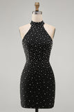Zwarte Bodycon halter met parelparels versierde korte homecomingjurk met veter op de rug