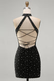 Zwarte Bodycon halter met parelparels versierde korte homecomingjurk met veter op de rug