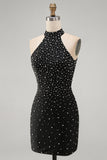 Zwarte Bodycon halter met parelparels versierde korte homecomingjurk met veter op de rug