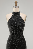 Zwarte Bodycon halter met parelparels versierde korte homecomingjurk met veter op de rug
