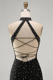 Zwarte Bodycon halter met parelparels versierde korte homecomingjurk met veter op de rug