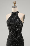 Zwarte Bodycon halter met parelparels versierde korte homecomingjurk met veter op de rug