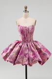 Rode A-lijn bloemen Jacquard korset Bubble Zoom Korte Homecoming Jurk