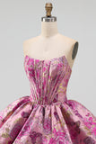 Rode A-lijn bloemen Jacquard korset Bubble Zoom Korte Homecoming Jurk