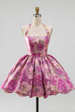Rode Bloem Halter Neck Jacquard Bubble Zoom Korte Homecoming Jurk