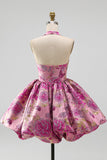 Rode Bloem Halter Neck Jacquard Bubble Zoom Korte Homecoming Jurk