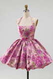 Rode Bloem Halter Neck Jacquard Bubble Zoom Korte Homecoming Jurk