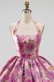 Rode Bloem Halter Neck Jacquard Bubble Zoom Korte Homecoming Jurk