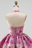 Rode Bloem Halter Neck Jacquard Bubble Zoom Korte Homecoming Jurk