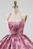 Rode Bloem Halter Neck Jacquard Bubble Zoom Korte Homecoming Jurk