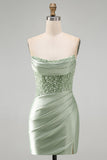 Stoffige groene pailletten gerimpeld satijn parel Bodycon korte homecomingjurk