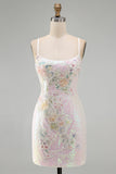 Sprankelende roze bodycon pailletten bloemen korte homecomingjurk met kralen