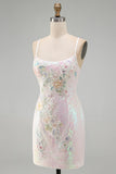 Sprankelende roze bodycon pailletten bloemen korte homecomingjurk met kralen