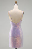 Glinsterende lila bodycon Cowl Neck Pailletten Korte Homecoming-jurk