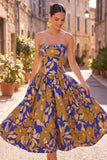 Koninklijk blauwe A-lijn strapless gerimpelde bloemenprint midi jurk