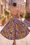 Koninklijk blauwe A-lijn strapless gerimpelde bloemenprint midi jurk