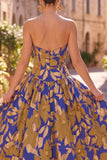 Koninklijk blauwe A-lijn strapless gerimpelde bloemenprint midi jurk