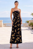 Zwarte gouden bloemenprint A-lijn strapless maxijurk