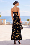 Zwarte gouden bloemenprint A-lijn strapless maxijurk