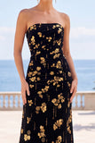 Zwarte gouden bloemenprint A-lijn strapless maxijurk