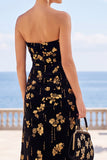 Zwarte gouden bloemenprint A-lijn strapless maxijurk