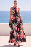 Zwarte halterhals bloemenprint geplooide chiffon maxi-jurk