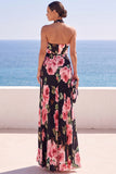 Zwarte halterhals bloemenprint geplooide chiffon maxi-jurk
